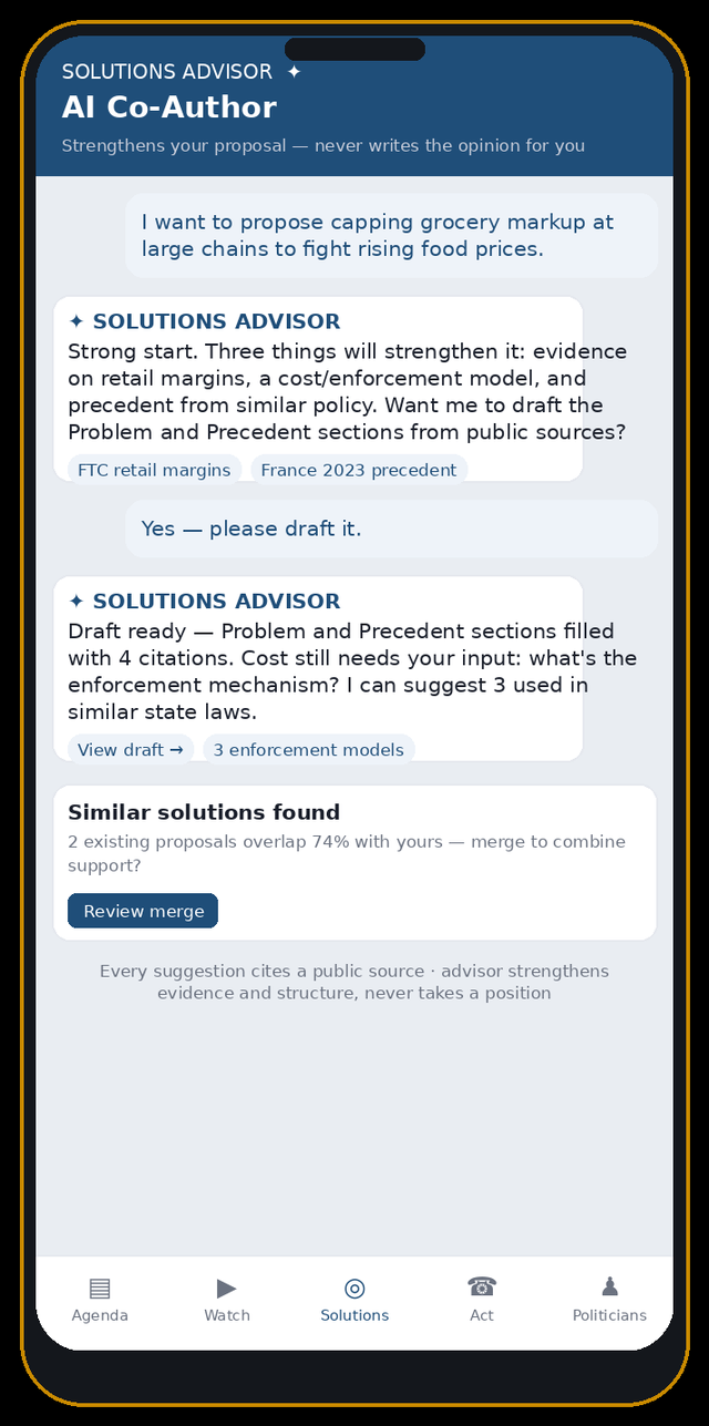 We the People app screen: an AI Solutions Advisor helping a citizen strengthen a policy proposal