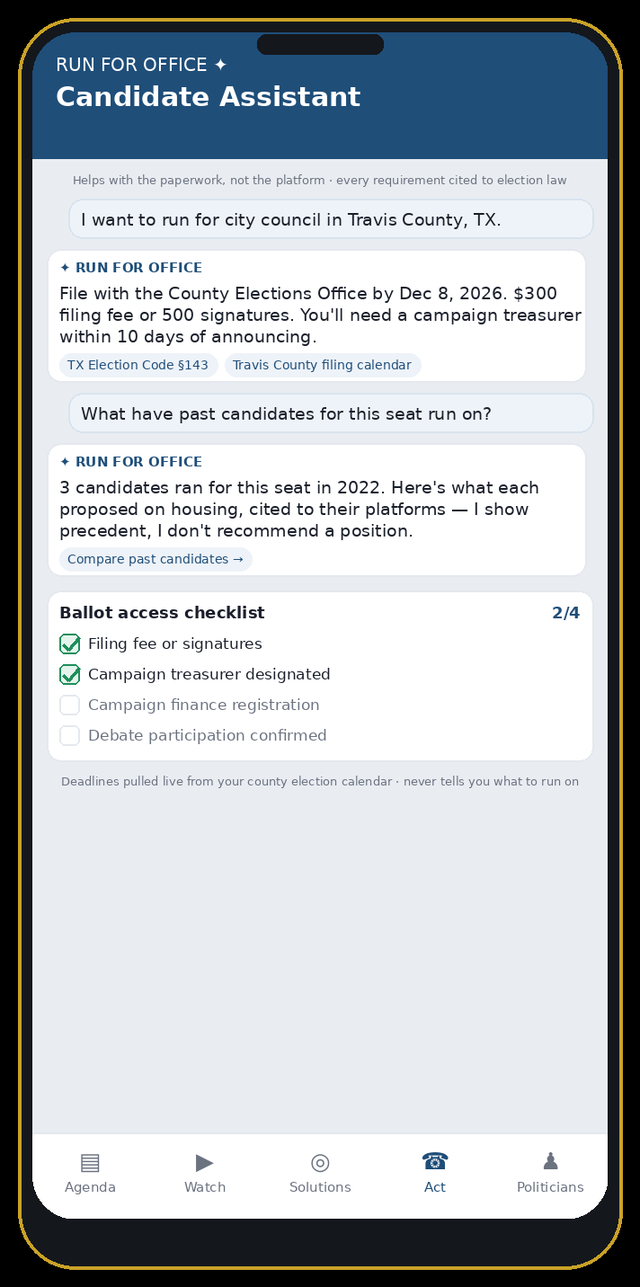 We the People app screen: an AI Candidate Assistant helping a citizen understand filing deadlines and ballot access requirements to run for office